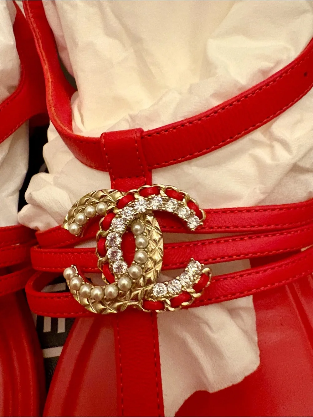 CHANEL Red CC T-Strap Sandals with Crystal Logo